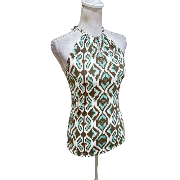 Ellie Kai taupe & aqua diamond  print halter sleeveless stretchy top back tie xs - Picture 3 of 8